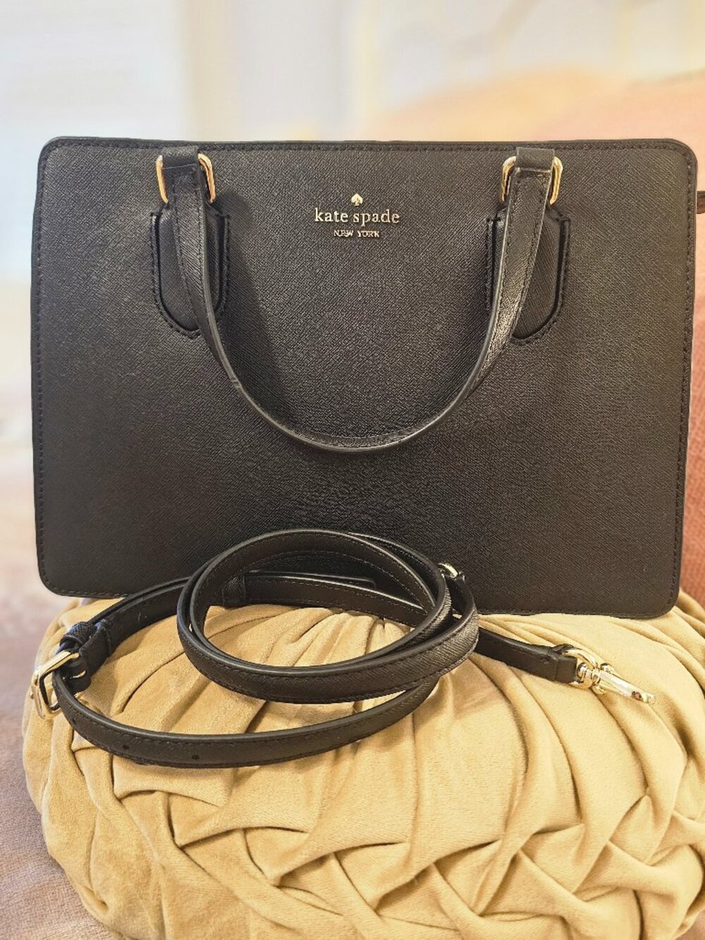 Kate Spade Staci Medium Satchel Black Saffiano Leather Crossbody Purse Handbag